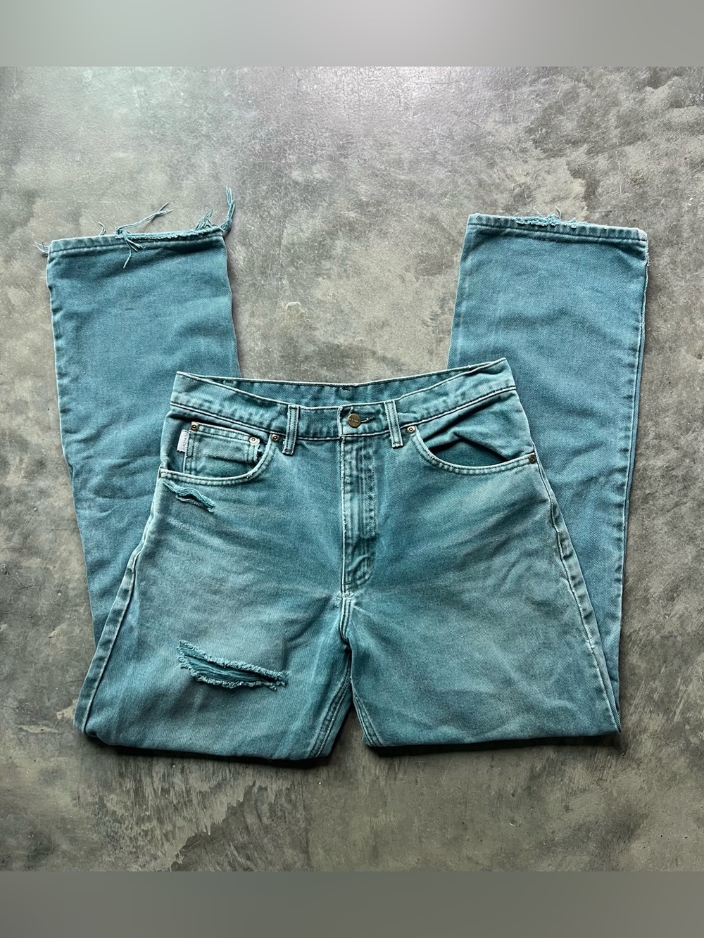 Vintage Distressed 1990’s Carhartt Teal jeans made in USA 31x32